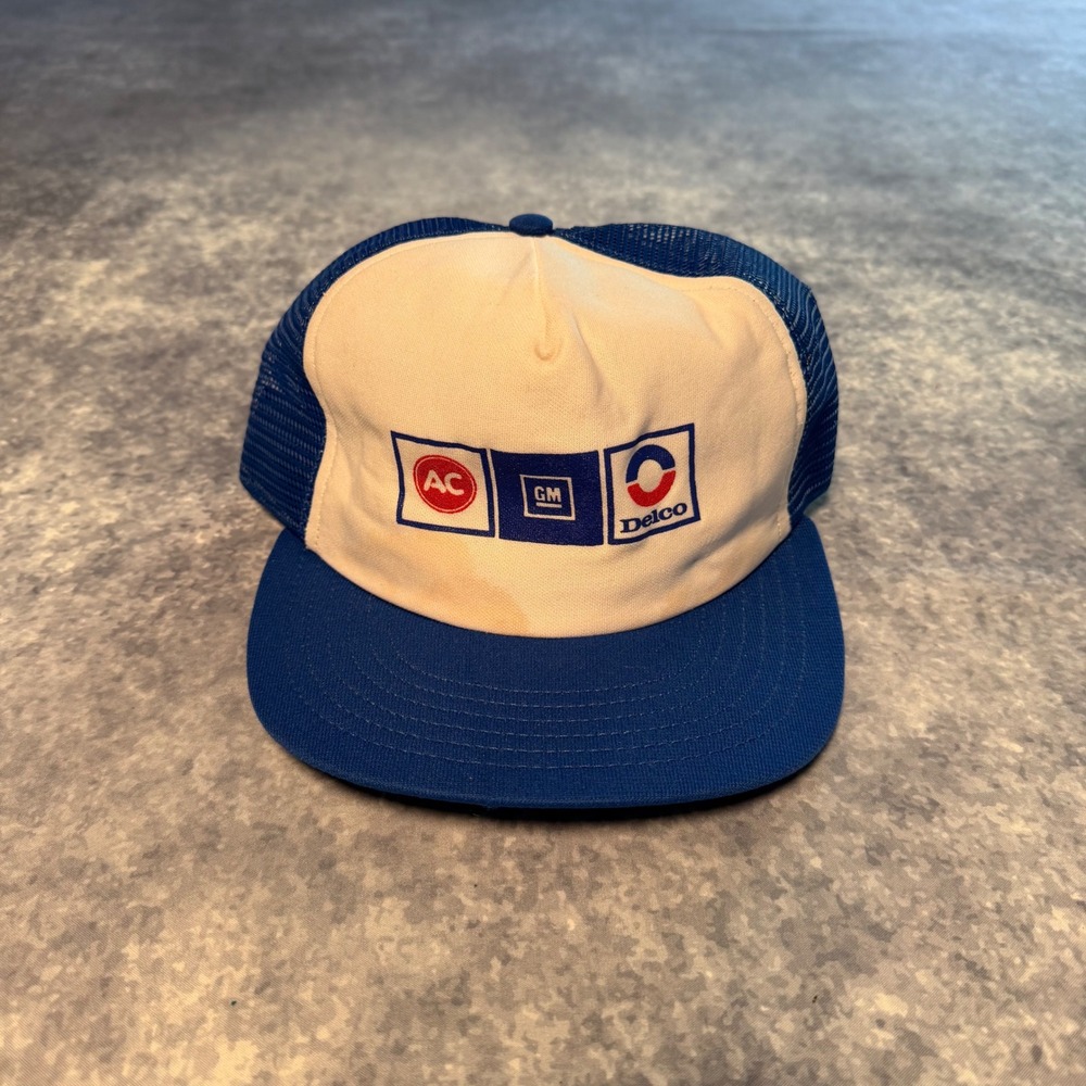 VTG GM AC Delco General Motors Trucker Hat Snapback Blue White Mesh Promo 80s
